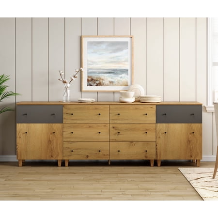 WAMPAT Sideboards Buffet Cabinet 3-in-1 Wood Wide Credenza Storage Cabinet with Doors and Drawers Modern Kitchen Coffee Bar Table with Storage Shelves for Living Room Dining Room Oak Brown