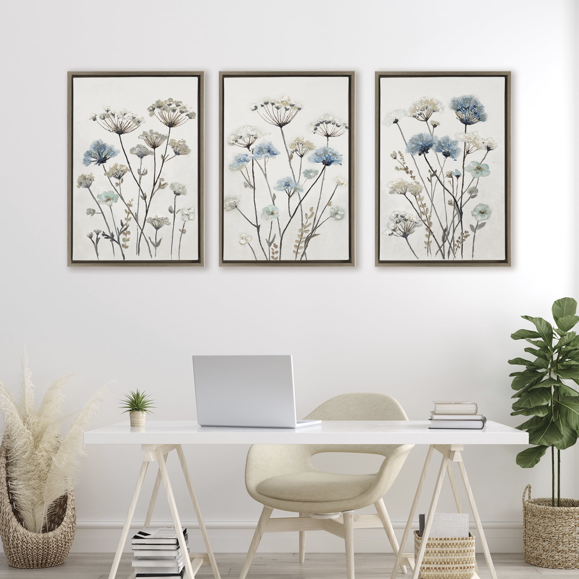 Stupell Industries Neutral & Blue Garden 3 Piece Brown Framed Floater Canvas Set, design by Patricia Pinto