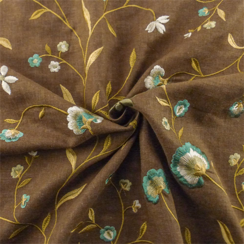 Brown/Teal Floral Embroidered Cotton Drapery Fabric, Fabric By the Yard