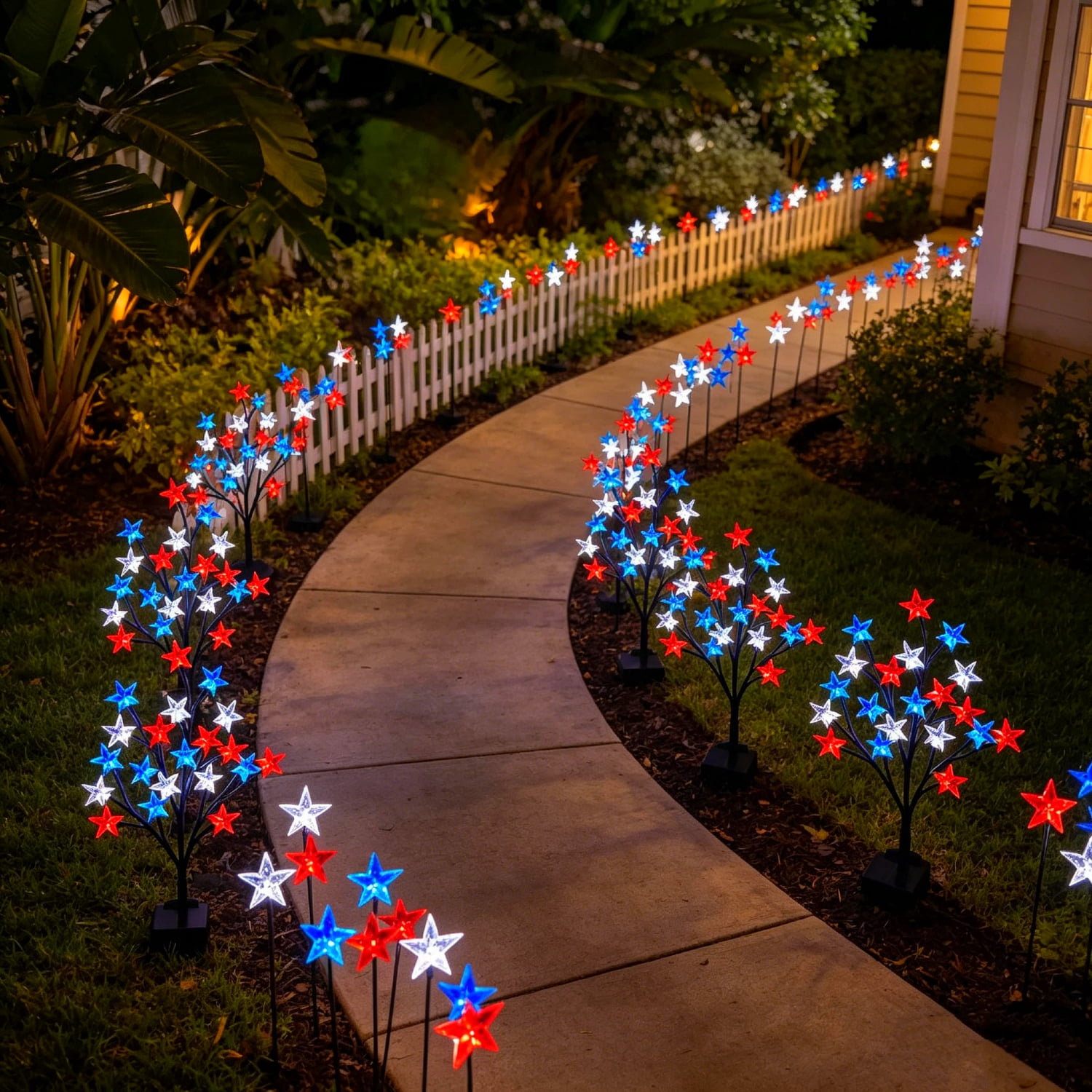 4 Pack 4th of July Decorations Solar Patriotic Star Lights, Solar Red White Blue Star Floral Pathway Lights, Waterproof Outdoor Patriotic Decorations Lights for Memorial Day Garden Yard