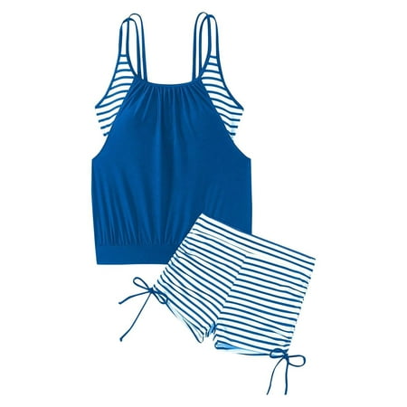 Oplxuo Women s Tankini Swimsuit Striped Color Block Drawstring Side High Waisted Boyshorts Two Piece Bathing Suit Beach Outfit