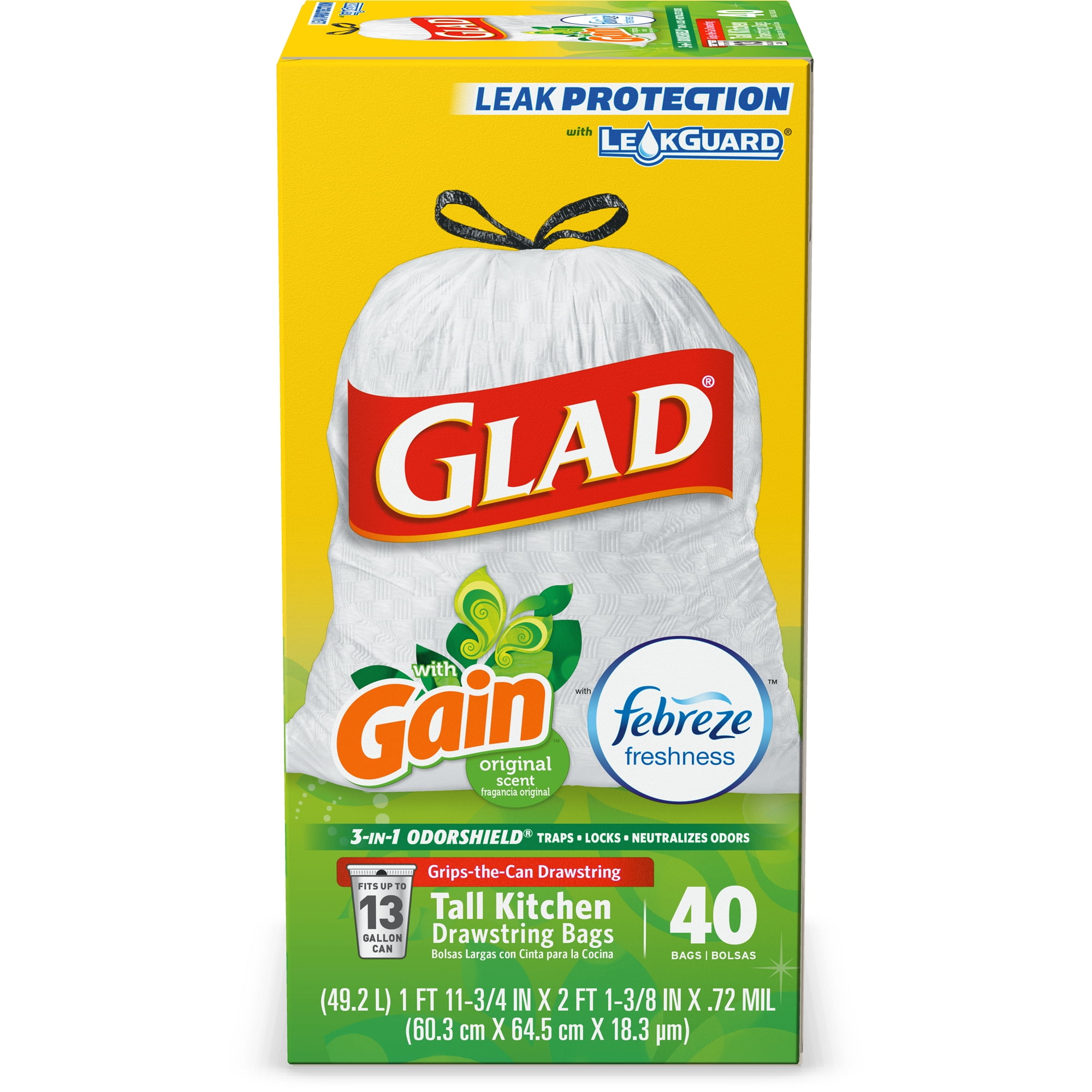 Glad Tall Kitchen Drawstring Trash Bags OdorShield 13 gal White Trash