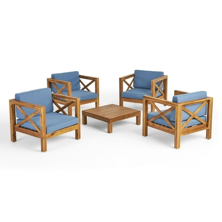 Elisha Outdoor 4 Seater Acacia Wood Club Chair and Coffee Table Set Teak and Blue