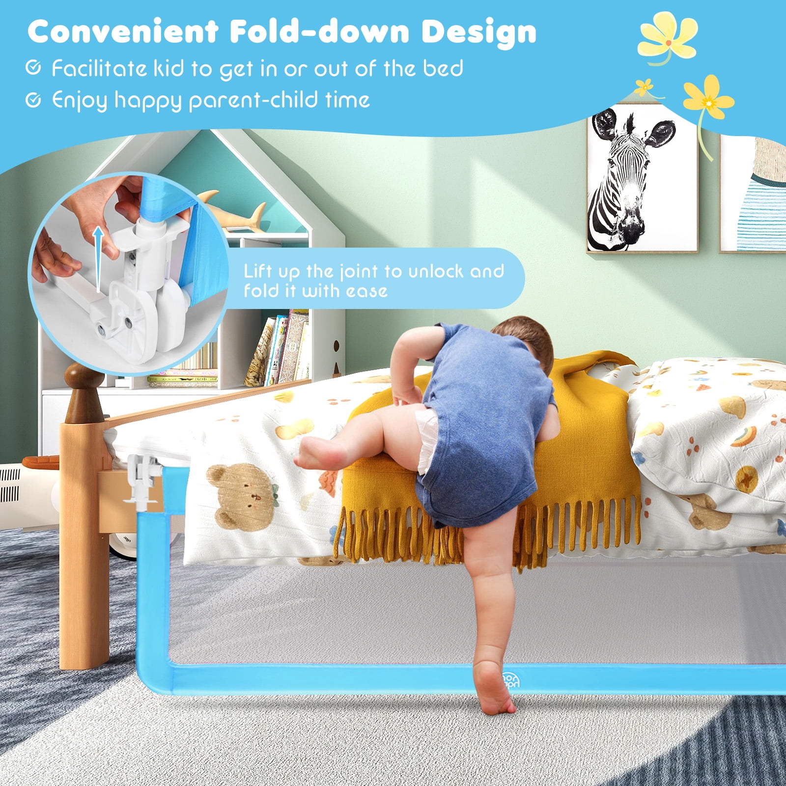Infans 59" Breathable Baby Children Toddlers Bed Rail Guard Safety Swing Down Blue