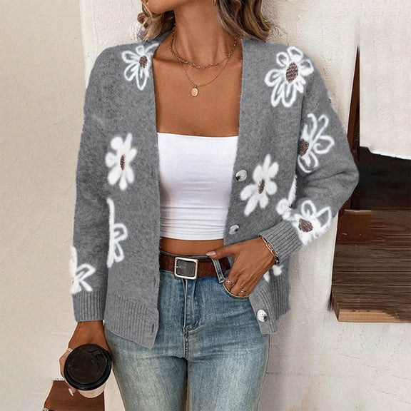 FRSASU Women's Cardigan Sweaters Long Sleeve Button Down Floral Sweater long sleeved knitted cardigan jacket Dark Gray