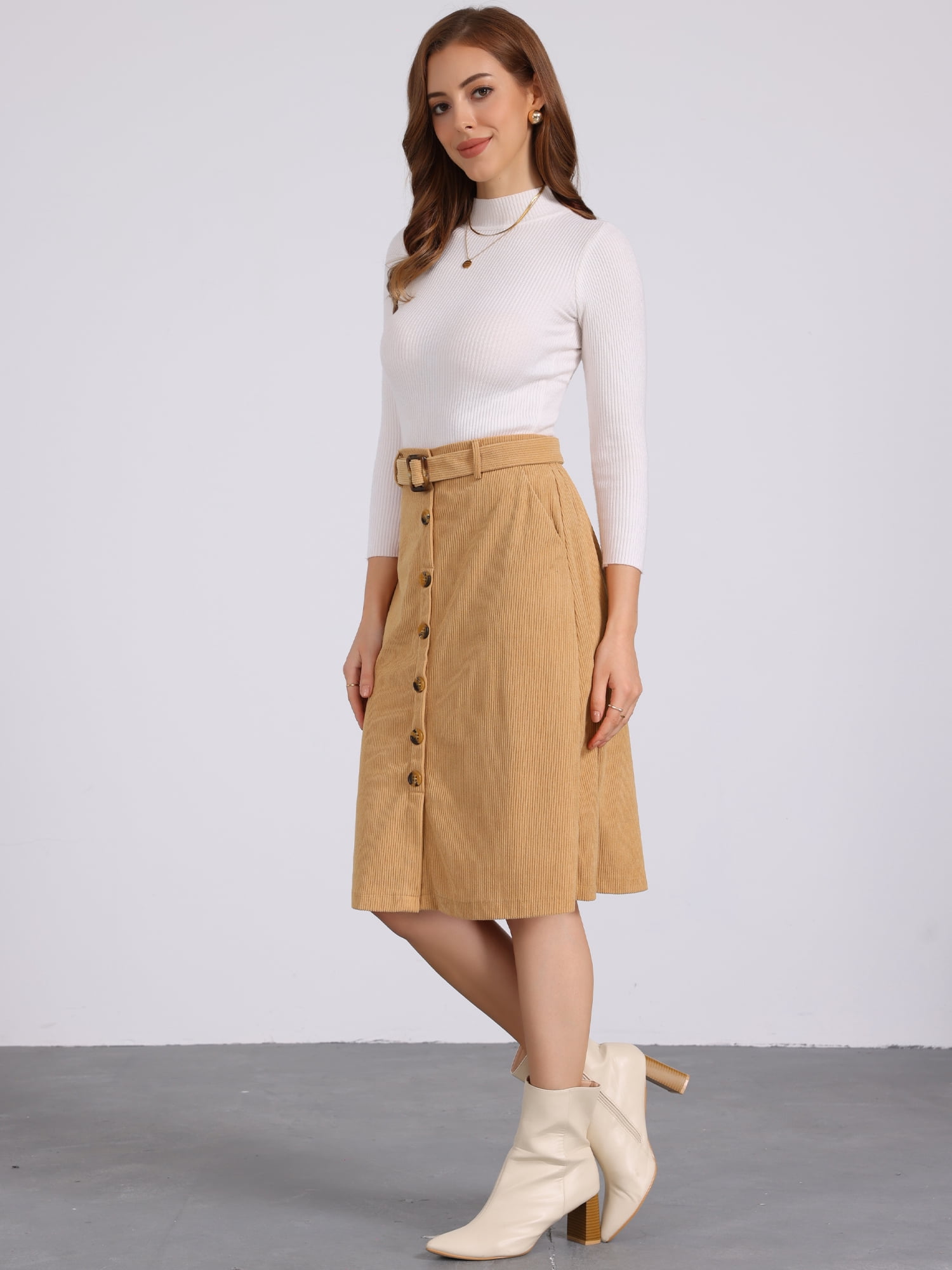 DARING DIVA Women's High Waist Button Front A-Line Belted Corduroy Skirt M Camel