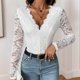 thumbnail image 4 of Mono de encaje con cuello en V y manga larga de color liso a la moda para mujer, top de poliéster para mujer, 4 of 7