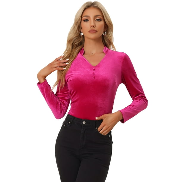 Blusa casual de manga larga con cuello en V de terciopelo para mujer Rosa Caliente S