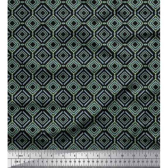 Soimoi Black Japan Crepe Satin Fabric Diamond Geometric Decor Fabric Printed Yard 42 Inch Wide