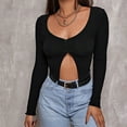 thumbnail image 3 of Women's V Neck Long Sleeve Button Front Ribbed Knit Crop T-Shirt Tee, 3 of 5