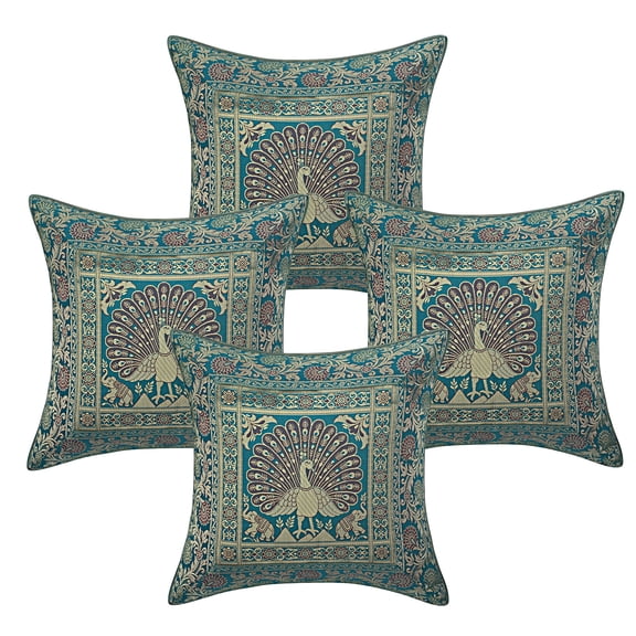 DK Homewares Ethnic Throw Pillow Covers 16x16 Inch Brocade Jacquard Weave Decorative Square Peacock Cushion Covers (Size - 40x40 cm ; Color: Emerald Green & Gold ) - Set of 4 Pcs (Cover Only)
