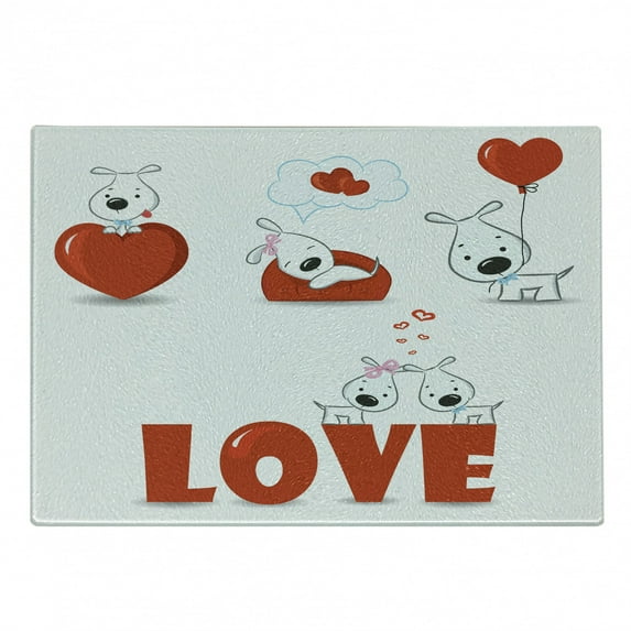 Valentines Day Cutting Board, Puppy Love Hearts and Dogs His Hers Heart Balloon Romantic Print, Decorative Tempered Glass Cutting and Serving Board, Small Size, Red White, by Ambesonne