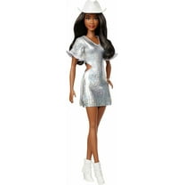 Barbie Fashionistas Doll No239 in Sparkly Silver Dress with Cowboy Hat and Boots Black Hair