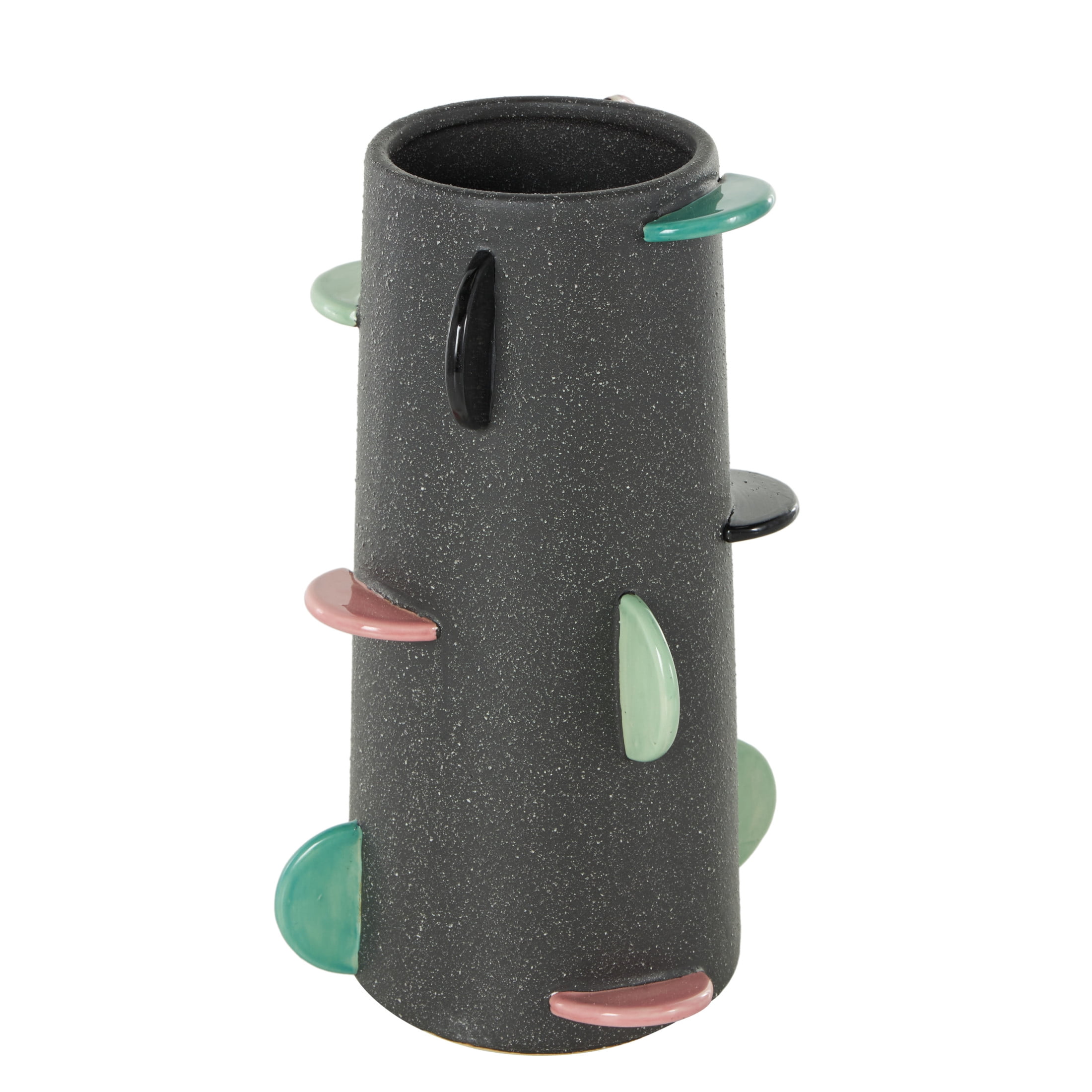 DecMode 12" Textured Black Ceramic Vase with Multicolor Half-Moon Accents