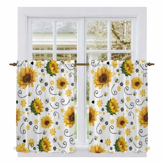 Sunflower Tier Curtains 54 Inch Length, Summer Botanical Farmhouse Floral Elegant Cafe Short Curtains for Bathroom Over Sink, Small Kitchen Curtain Light Filtering Tiered Drapes 2 Panels 27.5"Wx54"L