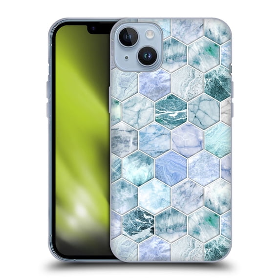 Head Case Designs Officially Licensed Micklyn Le Feuvre Marble Patterns Ice Blue And Jade Stone And Hexagon Tiles Soft Gel Case Compatible with Apple iPhone 14 Plus