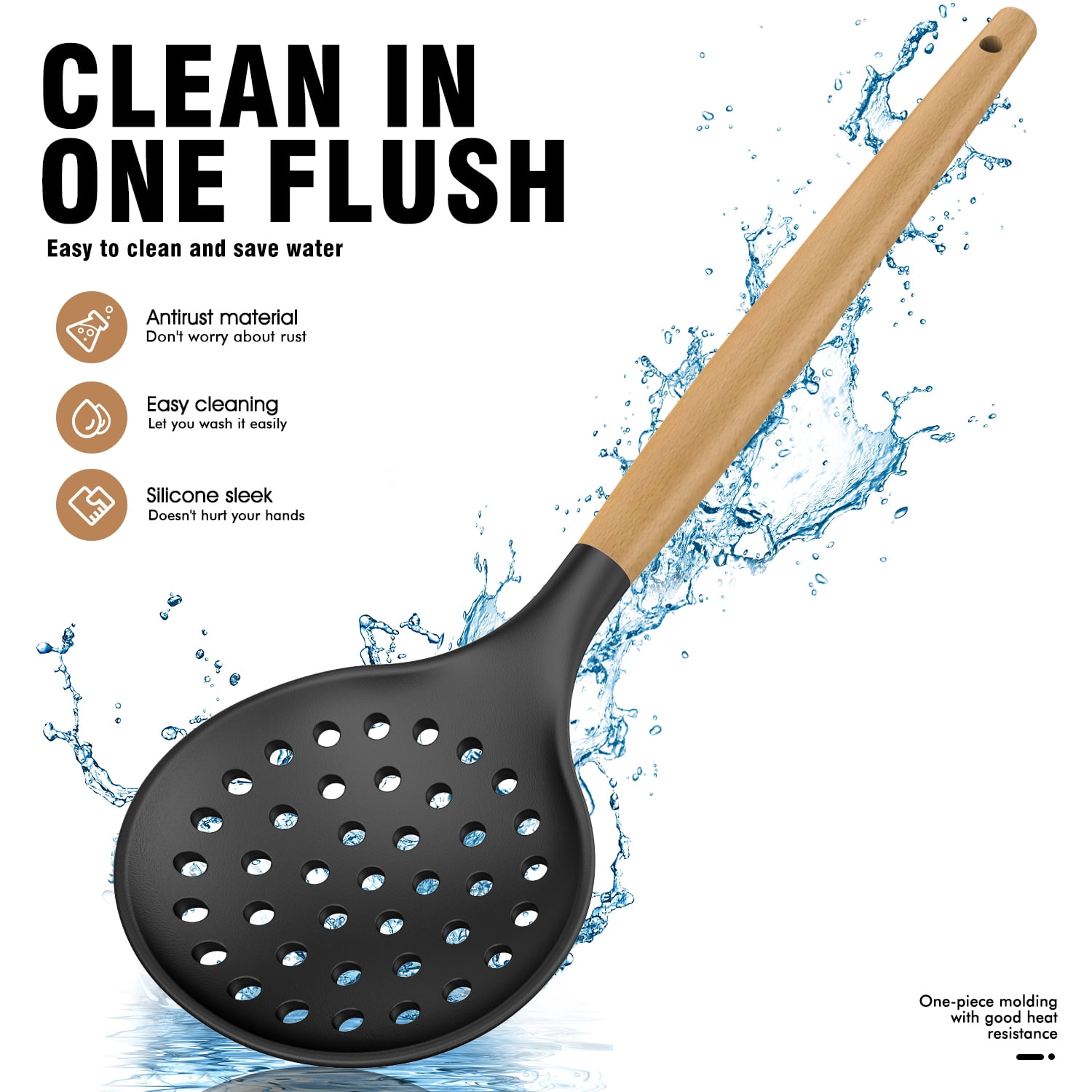 oannao Silicone Cooking Utensils Set - 446°F Heat Resistant Silicone Kitchen Utensils for Cooking,Kitchen Utensil Spatula Set w Wooden Handles,Holder, BPA FREE Gadgets for Non-Stick Cookware (Black)