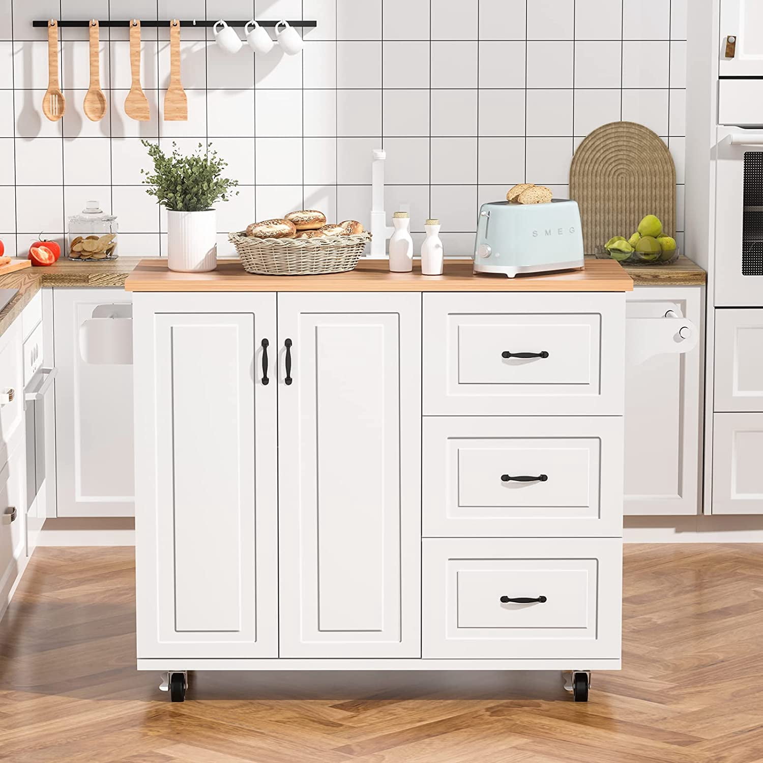 DreamCurship Kitchen Island on Wheels, Drop Leaf Kitchen Island Cart with Storage, Wood Countertop, Lockable Casters, White