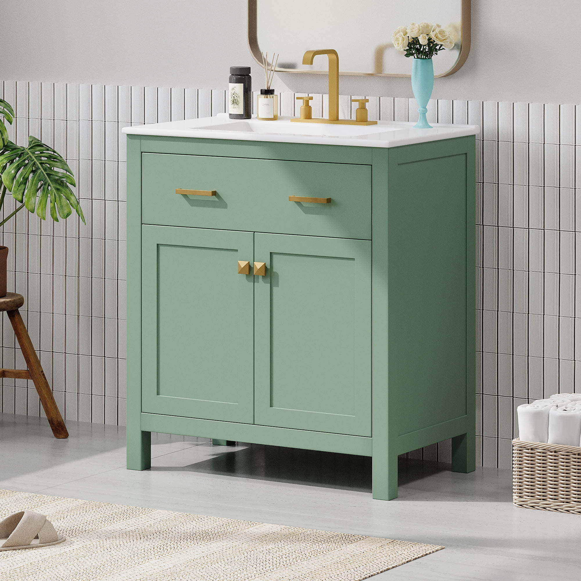 Harper & Bright Designs 30 inch Bathroom Vanity with Ceramic Sink, Modern Green Single Bathroom Cabinet with 2 Doors and a Shelf, Soft Close Doors, Green