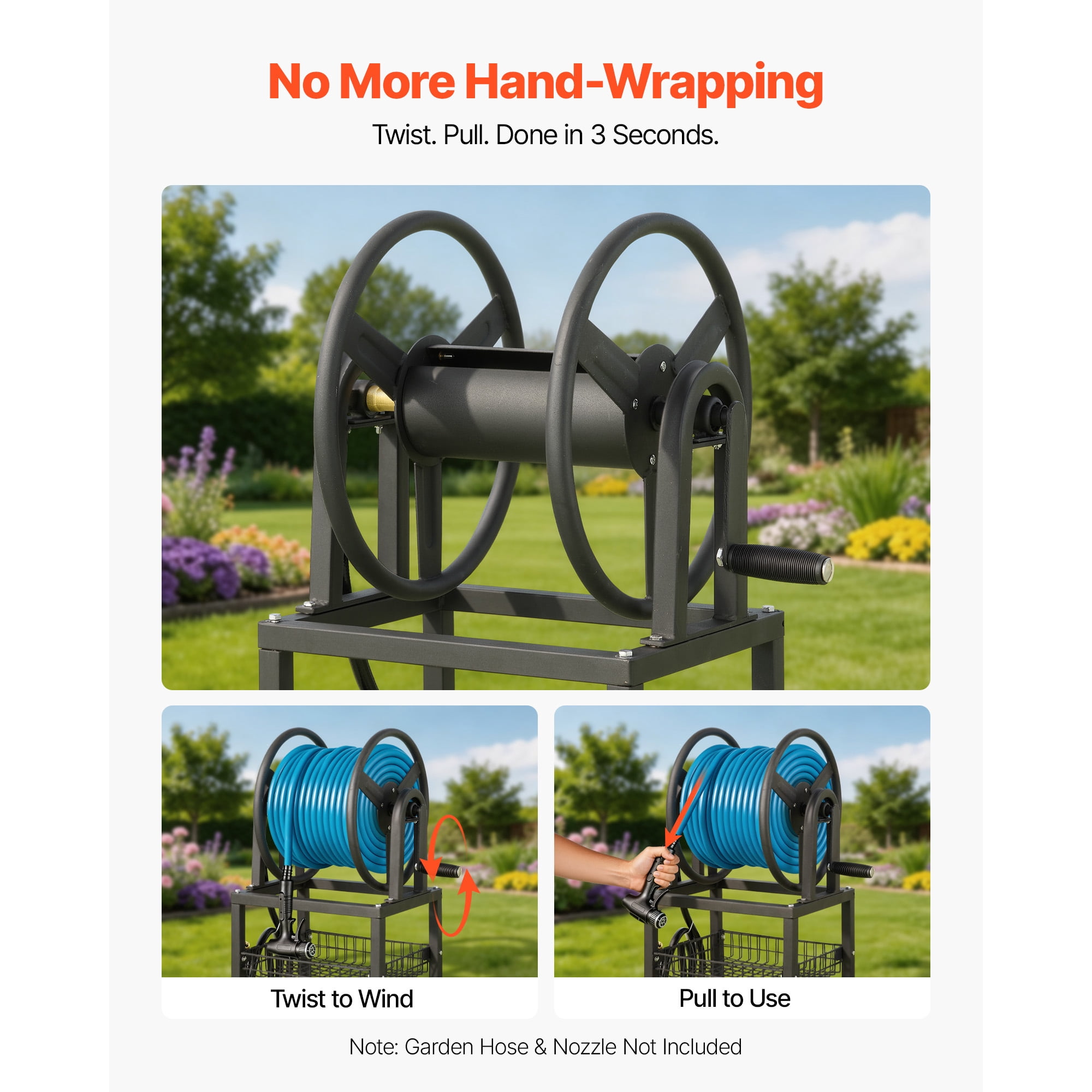 KFFKFF Freestanding Garden Hose Reel, Accommodates 200 Feet of 5/8-inch Hose, Wall or Ground Installation, Removable Holder with Storage Shelf, 5 ft Connector Hose, Brass Connector, 4 Ground Stakes