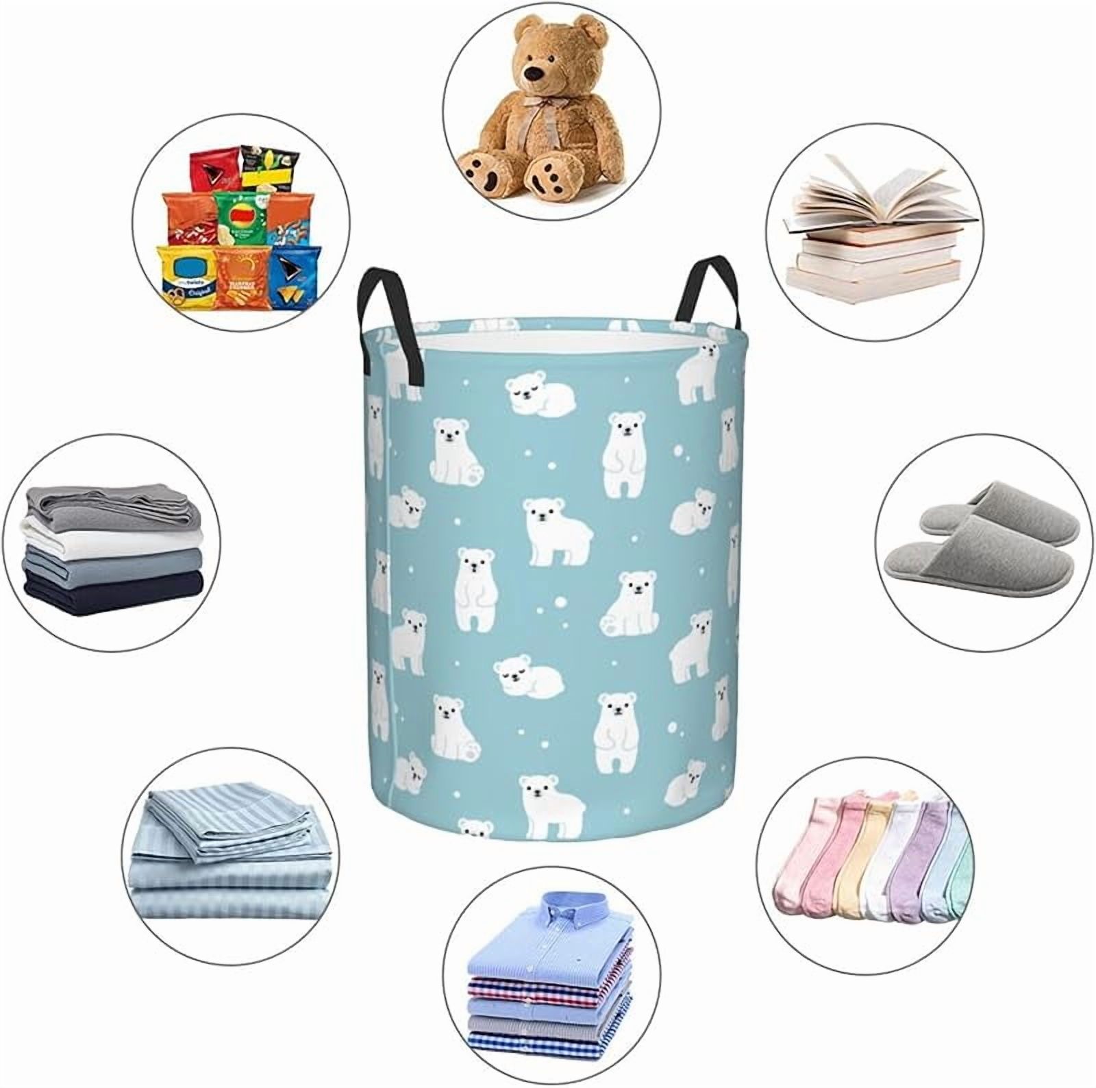 Cute Cartoon Polar Bears Round Laundry Hamper Storage Basket Toys Clothes Organizer Bin For Home Bathroom Bedroom Dorm Nursery