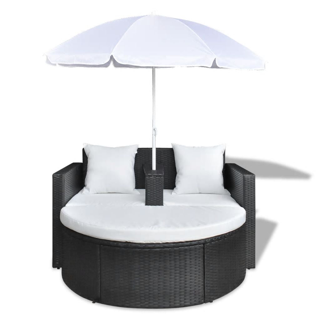 Kepooman Outdoor Patio 2-Person Rattan Sun Lounger with Cushion & Parasol, Black Kepooman Outdoor Patio 2-Person Rattan Sun Lounger with Cushion & Parasol, Black