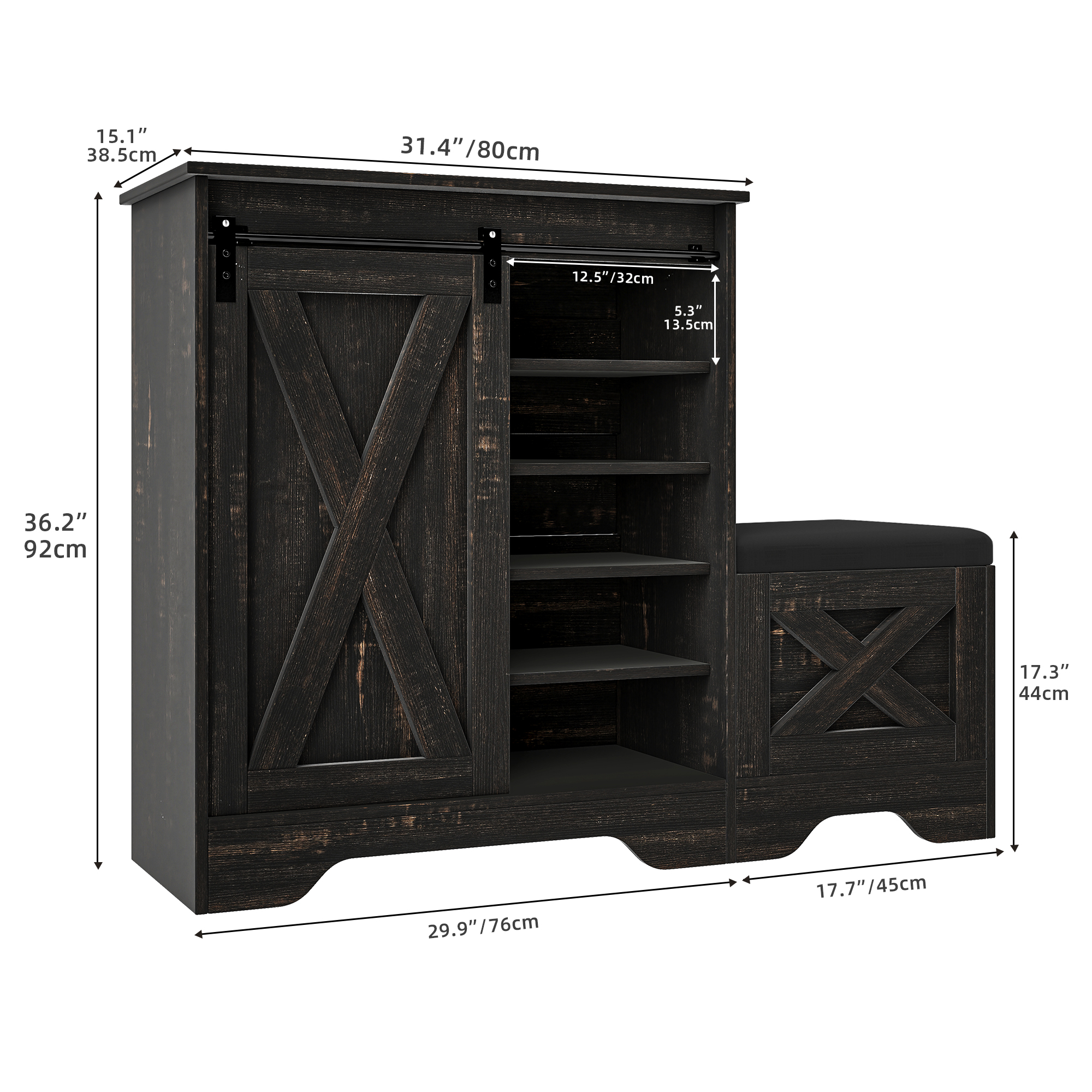 Uforic Shoe Cabinet with Sliding Door & Shoe Bench,Farmhouse Narrow Slim 5-Tier Adjustable Shoe Storage Organizer for 20 Pairs for Entryway, Foyer, Dark Rustic Oak