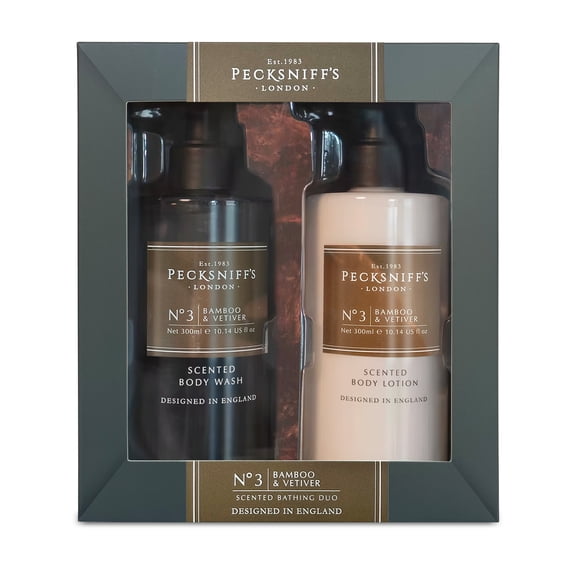Pecksniffs Mens Bathing Duo Collection – Bamboo & Vetiver Scented Body Wash and Body Lotion Gift Set, 2 x 250ml