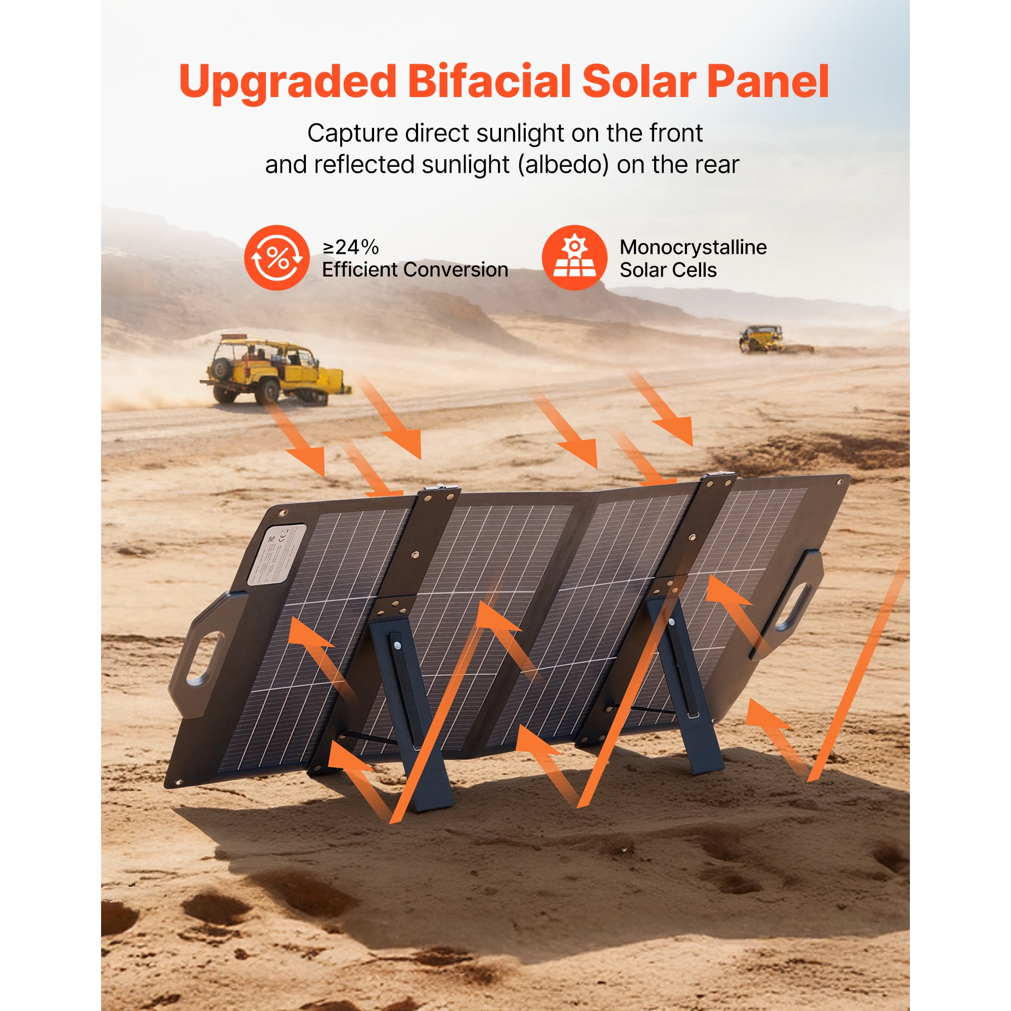 KFFKFF 100W Foldable Bifacial Solar Panel, 16BB N-Type Monocrystalline Charger with 24% Efficiency, Portable Design with MC4, USB-A (QC3.0), Type-C, and DC Ports for Outdoor Power Needs
