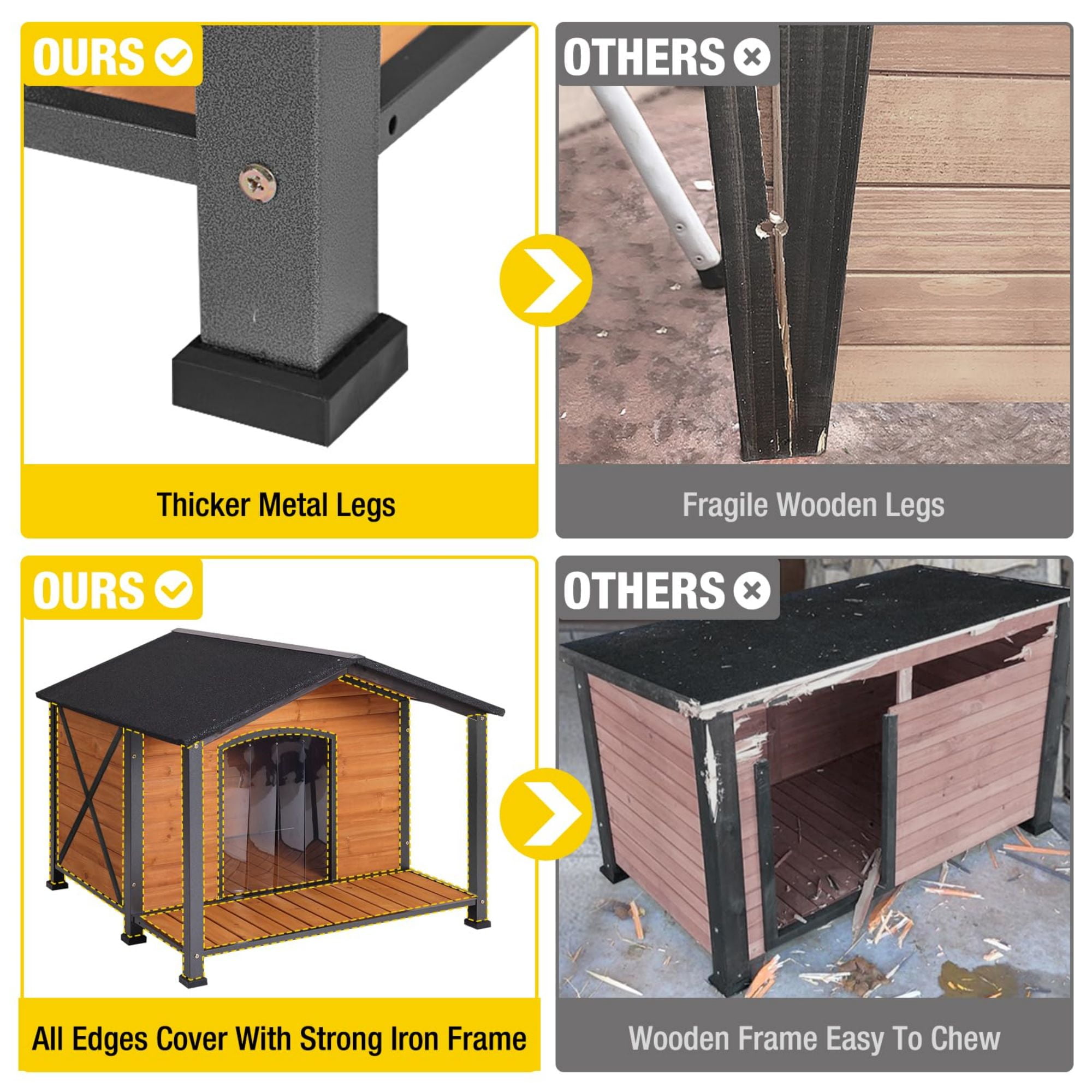Aivituvin Anti-Chewing Outdoor Dog House with Iron Frame, 41.4"D Weatherproof Wooden Dog Kennels with Large Porch for Outdoor & Indoor, Brown