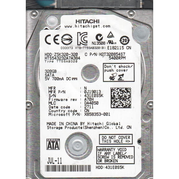 HTS543232A7A384, PN 0J19013, MLC DA4050, Hitachi 320GB SATA 2.5 Hard Drive