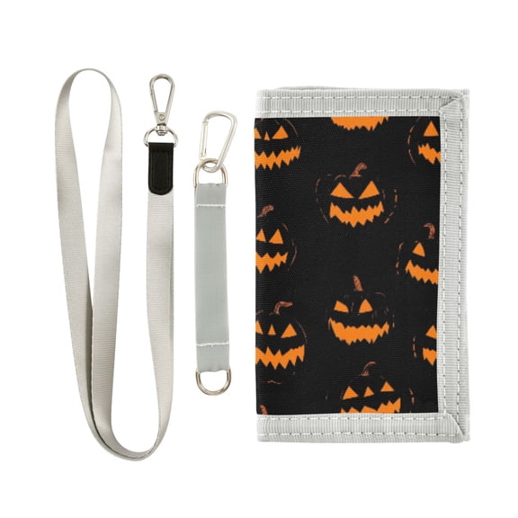 JIALIOU Nylon Trifold Card Wallet with ID Window Zipper Pocket for Men Women Teen Orange Halloween Pumpkin Face