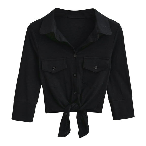 XIAOCHA Womens Cropped Blouse Three Quarter Sleeve Button Up Chest Pocket Top Lightweight Comfy Casual Tees