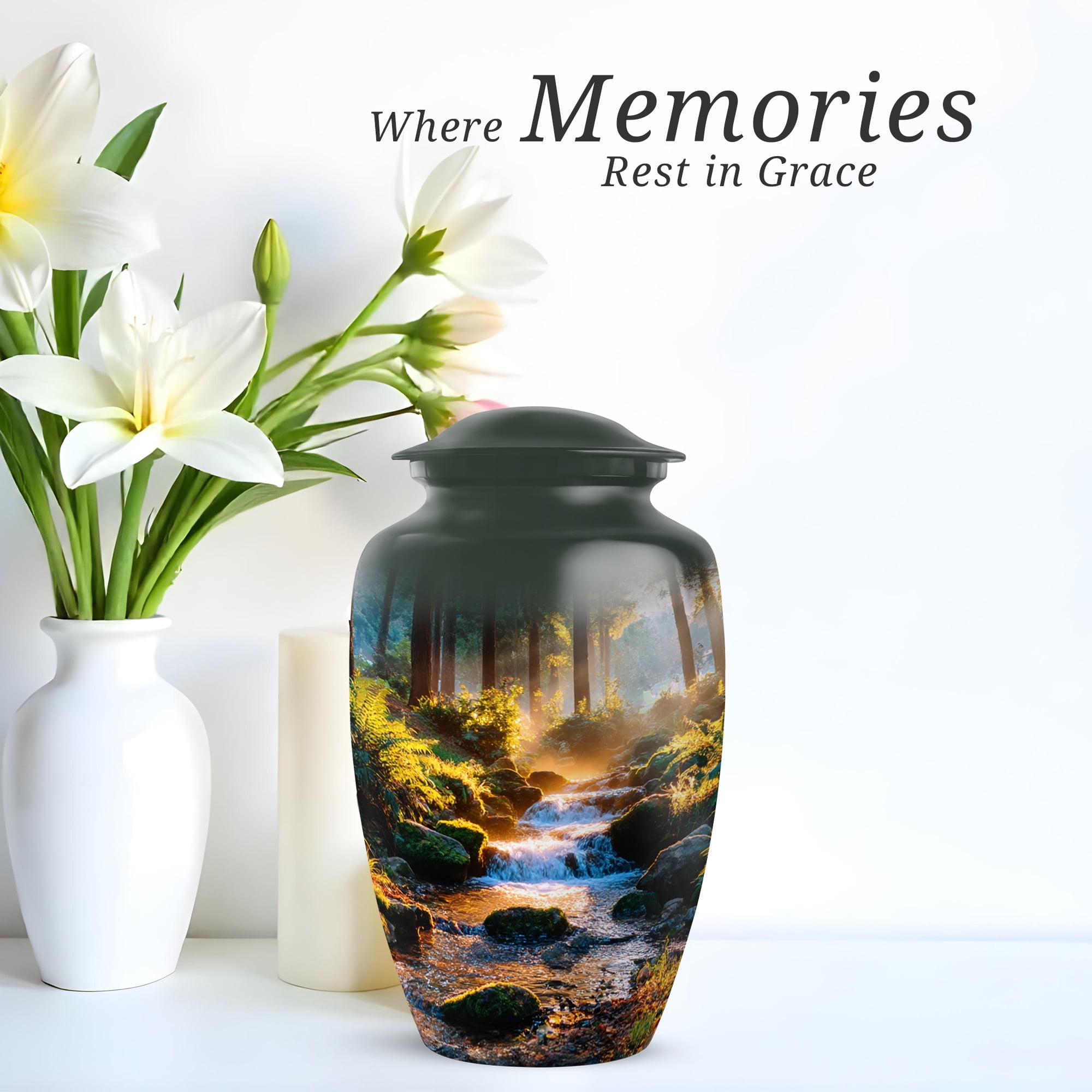 Waterfall Decorative Urn For Ashes Adult Male Large, Cremation Urns For Human Ashes Adult Male Dad, Green Urns For Man And Woman, Funeral Urn For Mother And Father, 10 Inch