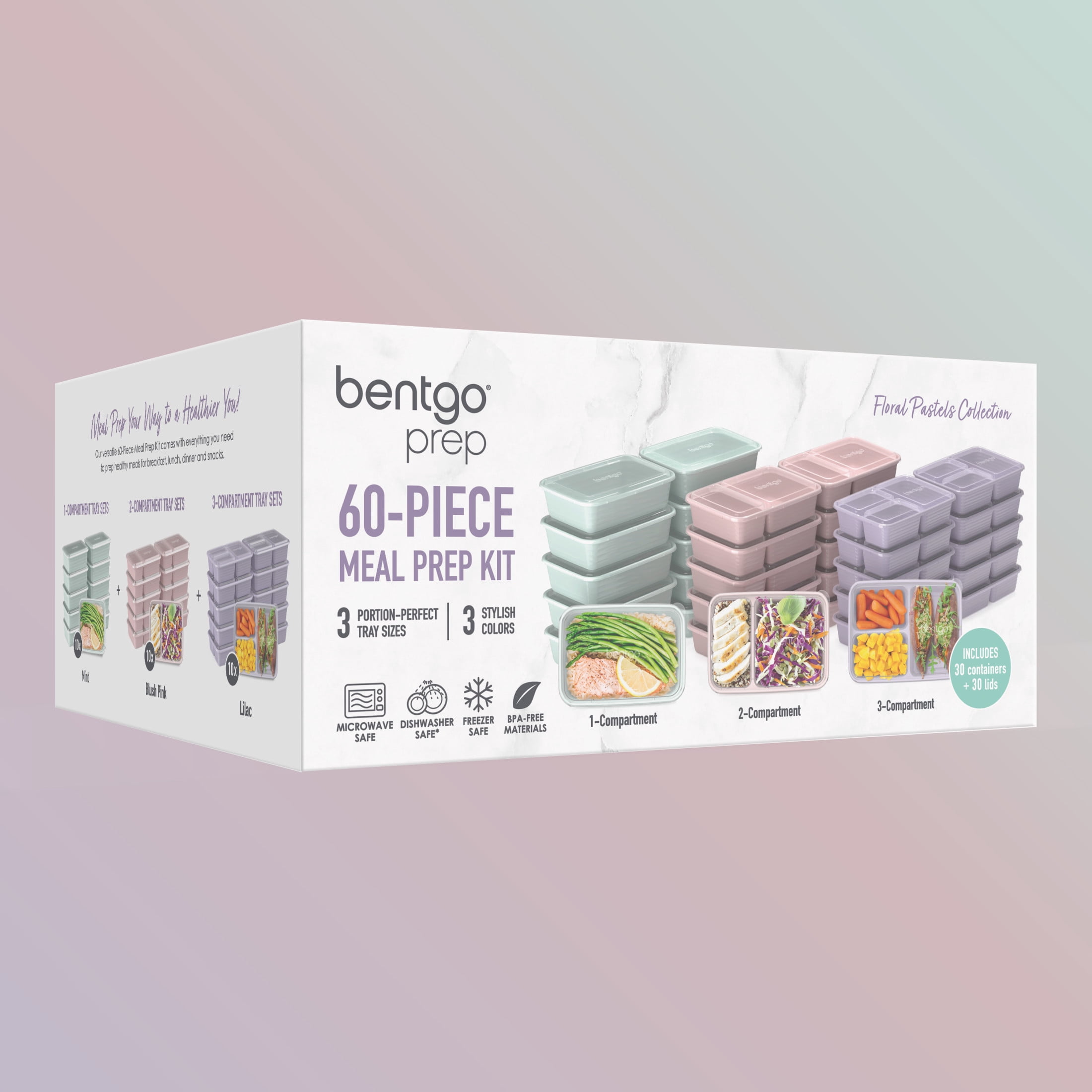 Bentgo Prep 60-Piece Meal Prep Box Floral Pastels Collection (BGPRPAK3-P)