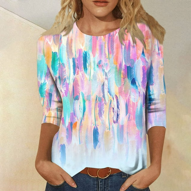 EQWLJWE Liquidation d'Été! T-Shirts à Manches 3/4 Imprimé Graphique pour Femmes, T-Shirts d'Entraînement Col Rond Décontracté Bleu Clair L