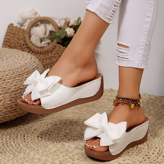 Willtoo Wedge Platform Sandals for Women Summer Dress Low Heels Cute Bow Open Toe Slides Sandals Soft Comfortable Slip On Beach Vacation Slippers Shoes White US-7（EU-38）