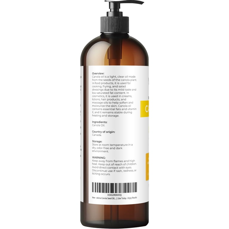 VELONA 100% Pure Canola Seed Oil - 4 Fl Oz, Refined Expeller Pressed For Cooking & Skin Care