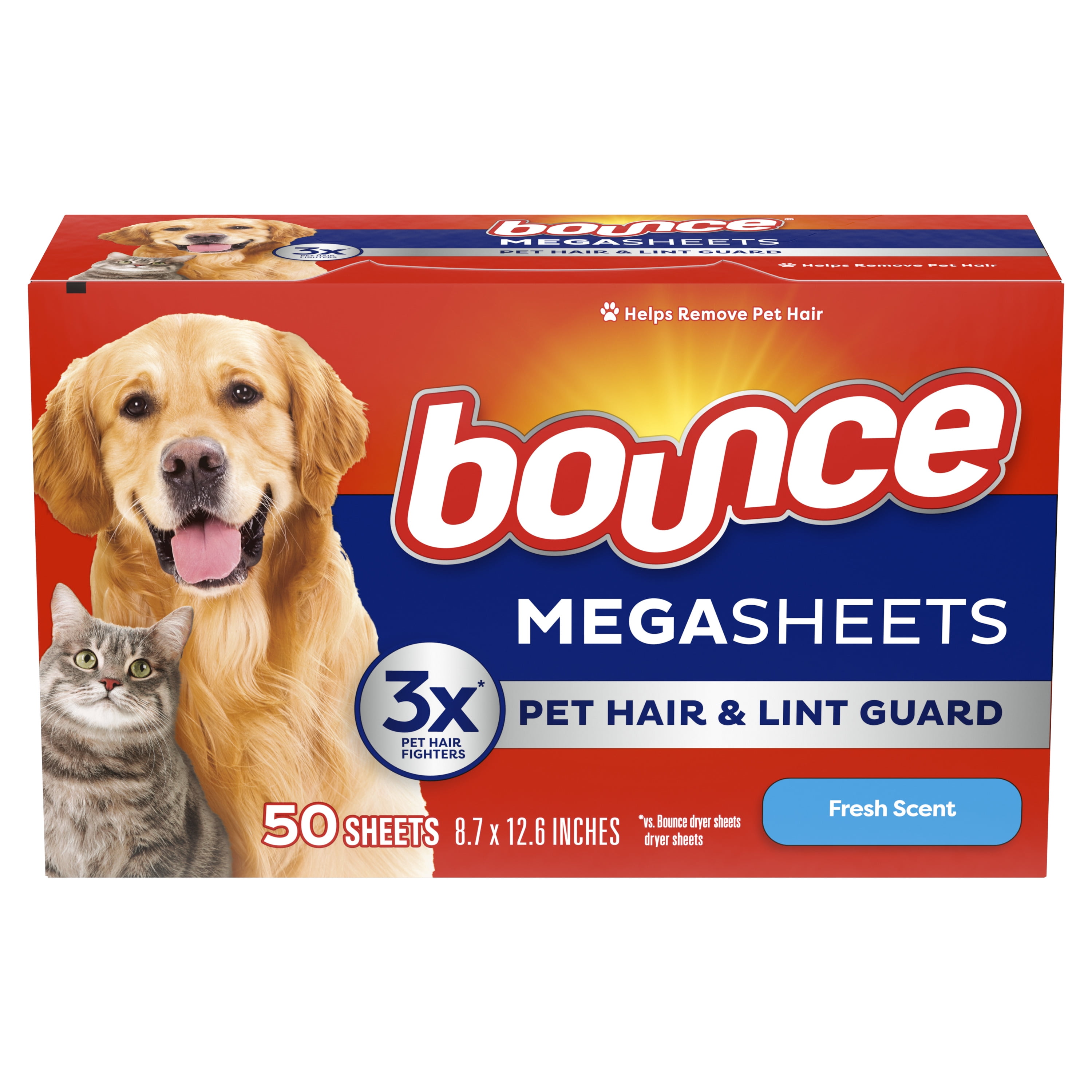 Bounce Dryer Sheets, Pet Hair and Lint Guard, Fresh Scent, 50 Mega Dryer Sheets