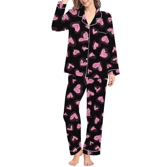 Hpapadks Pajama Sets for Women Valentine's Day Full Hearts Printed Loose Fit Long Sleeve Button Down Shirt Pant Set Women Pjs Black L