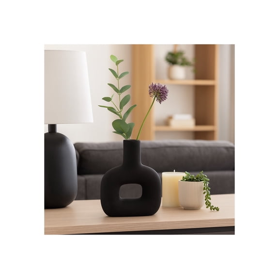 Modern Open-Cut Dolomite Vase for Living Room Decor and Home Accents - Decorative Flower Vase for Room, Bedroom or Office Display - Elevate House Display and Console Table Decor - 8", Black