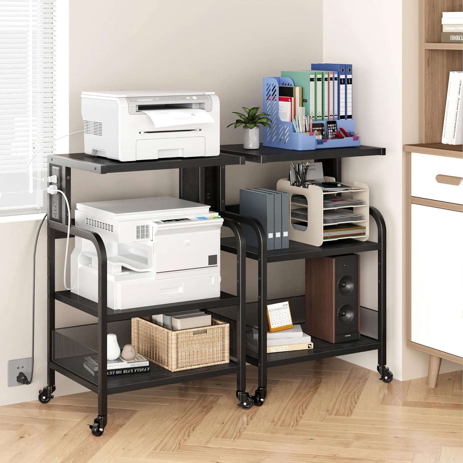 31.4''H Printer Stand with Power Outlets and USB Ports 3 Tier Printer Table w/Wheels Printer Storage Cart Rolling Printer Cart with Storage Shelf for Printer Scanner, Fax, Home Office