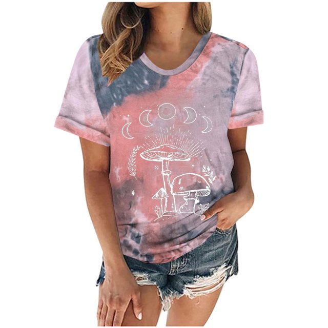 Pntutb Mujer Suelto Corbata Impreso Cuello Redondo Manga Corta Top Manga Corta Cuello Redondo Top/Camisa Pntutb Pntutb-6758