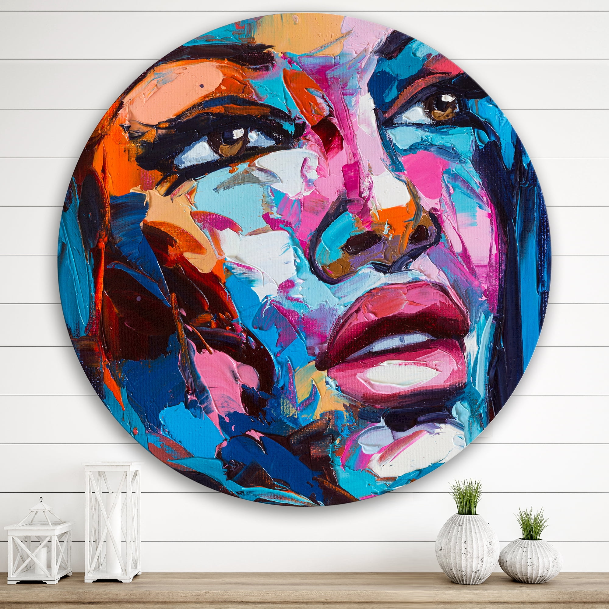 Designart 'Abstract Colorful Fantasy Portrait Of A Young Woman III' Modern Circle Metal Wall Art 29x29 - Disc of 29