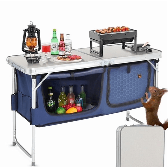 4 ft Portable Folding Camping Table with Storage,Picnic Table Kitchen Station,Aluminum Cook Desk with Storage Organizer and 2 Adjustable feet,Blue White