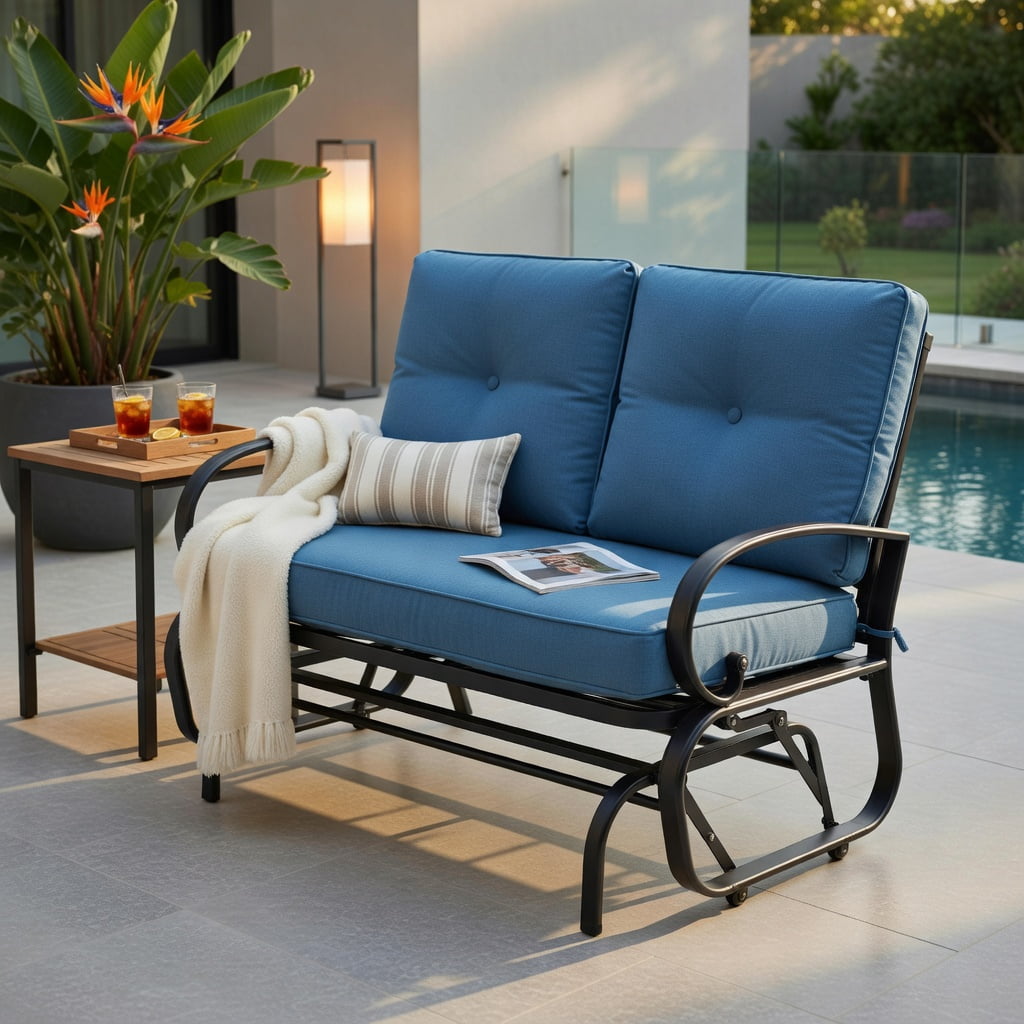 Hommoo Outdoor Rocking Loveseat Bench with Cushions, Steel Frame Patio Bench for Backyard, Deck & Poolside, Cushioned 2-Person Rocker, Navy