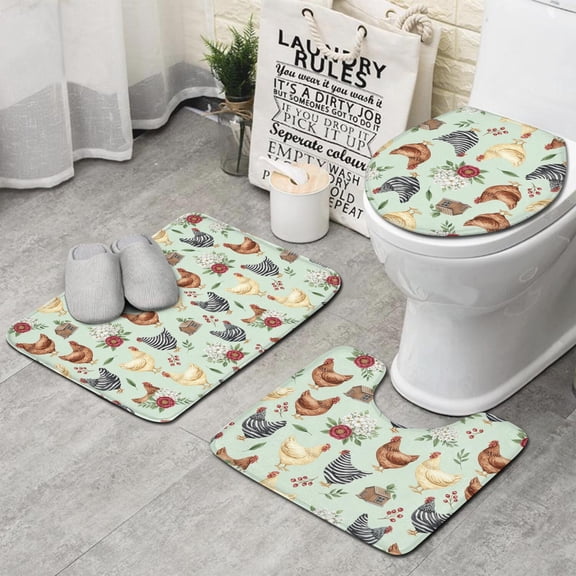 Hen and House Green Pattern 3 Piece Bathroom Rug Set, Non Slip Absorbent Bath Mats with U-Shaped Contour Rug and Toilet Lid Cover