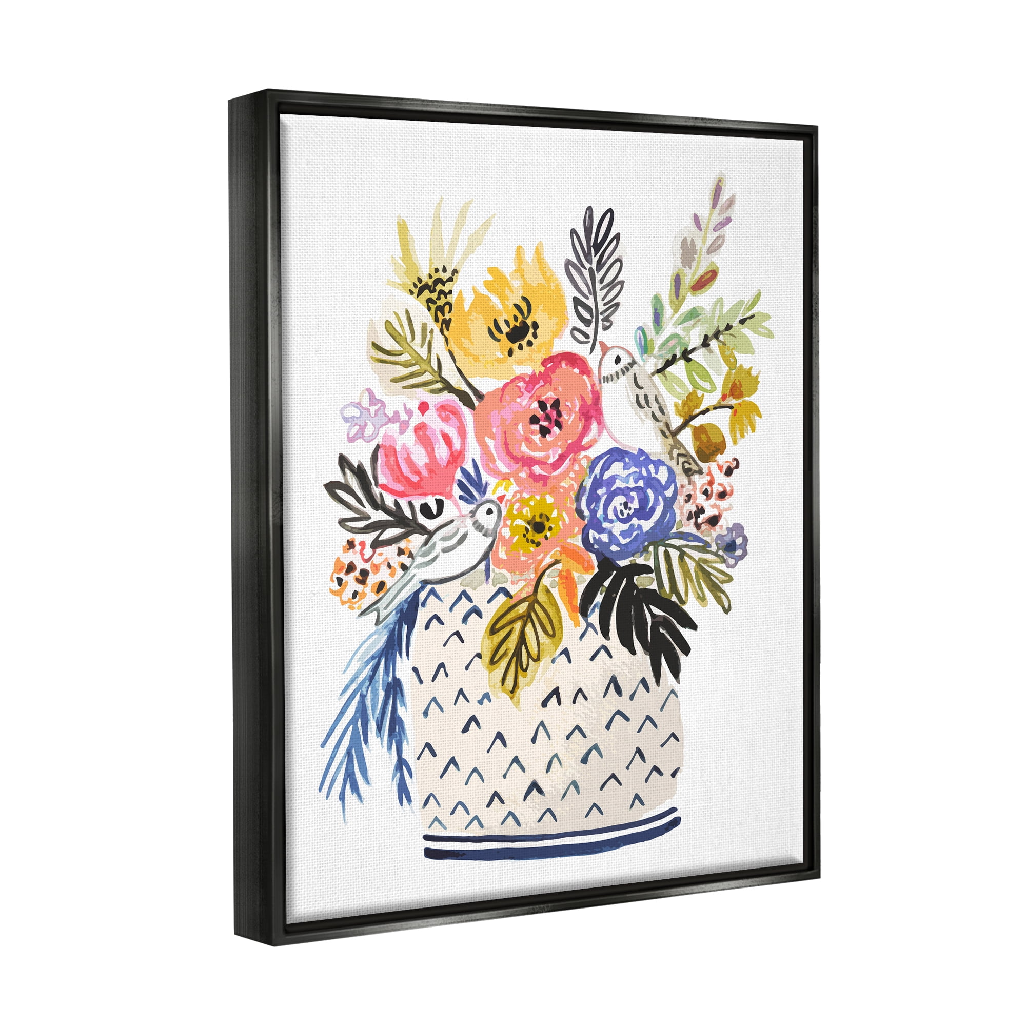 Stupell Birds Perched Fun Floral Blossoms Botanical & Floral Painting Black Floater Framed Art Print Wall Art