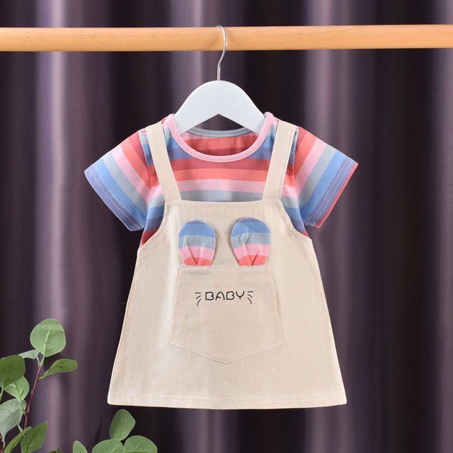 XIMIN Nouvelle Robe d'Été à Imprimé Rayé Arc-en-Ciel à Manches Courtes, Col Rond, Mignonne, Dessin Animé, Mode, Robe pour Fillette, Petite Robe de Fête et de Concours pour Bébé Fille (12-18 Mois, Bleu)