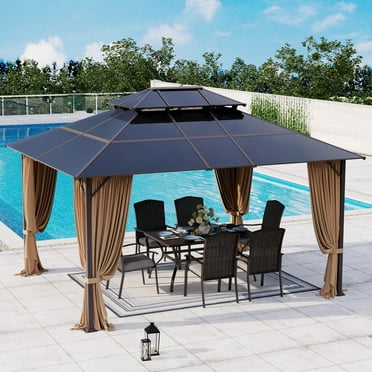 MF Studio 12' x 14' Outdoor Hardtop Gazebo Polycarbonate Double Roof Patio Gazebo with Netting and Curtains Brown